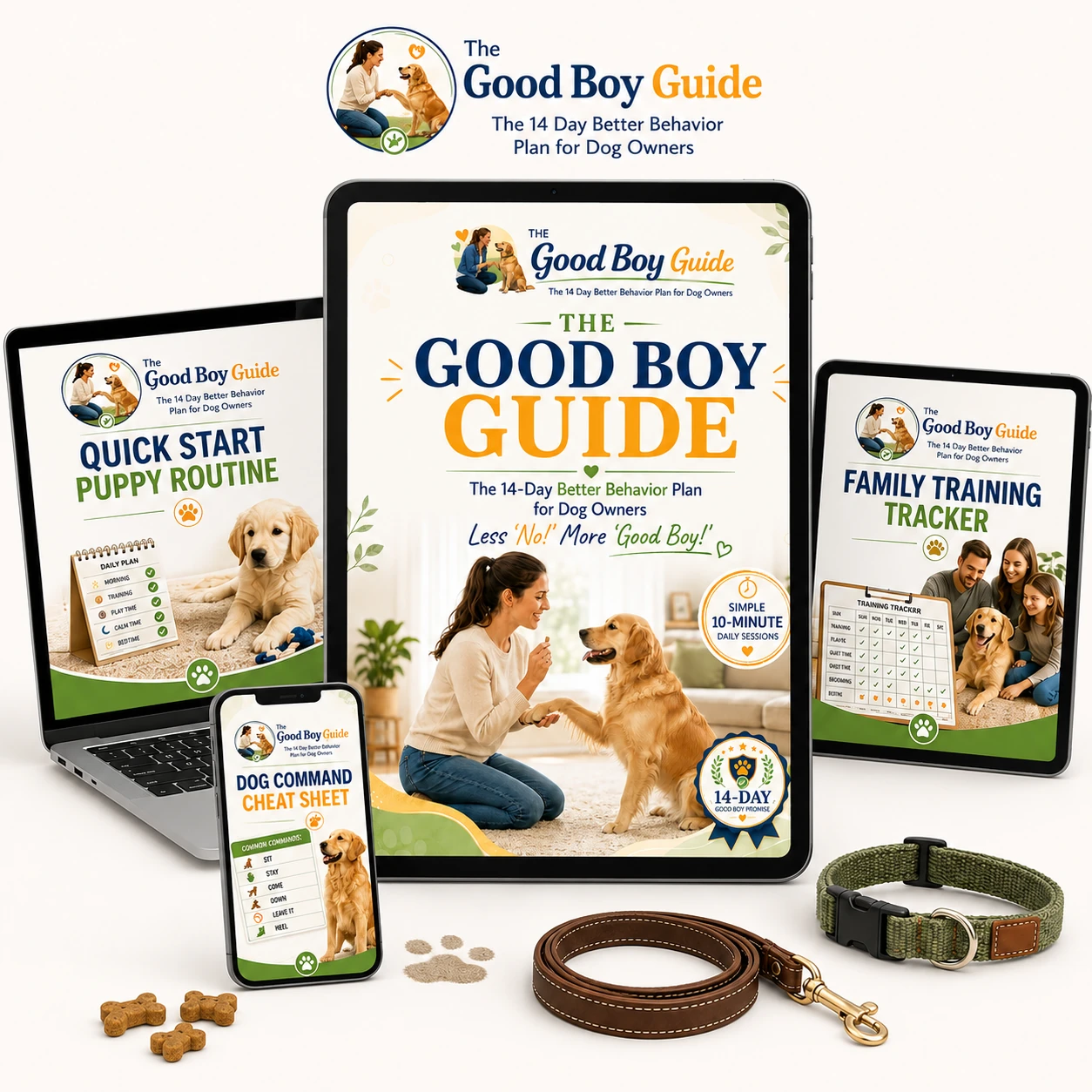 The Good Boy Guide digital guide with Quick Start Puppy Routine, Dog Command Cheat Sheet, and Family Training Tracker displayed on digital devices