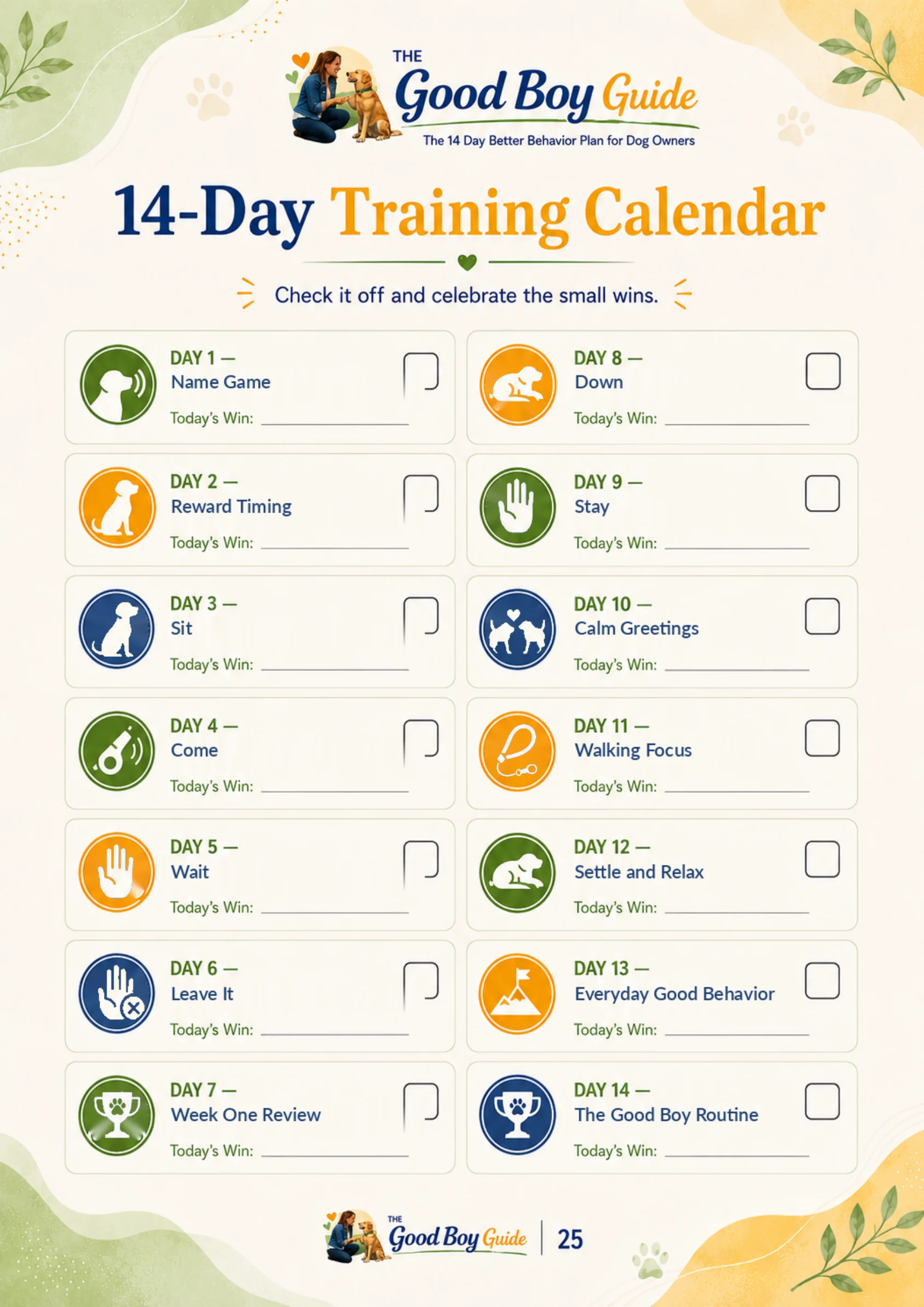 Real 14-day training calendar page from The Good Boy Guide